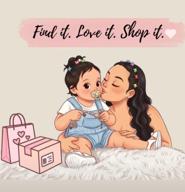 Illustration of a mother and baby surrounded by boutique packages